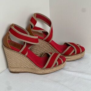 Tory Burch Vibrant Red and Tan Espadrille Wedges